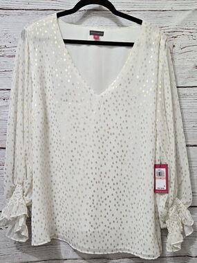 Vince Camuto Ivory Gold Metallic Blouse 2X NWT V Neck Smocked Sleeve